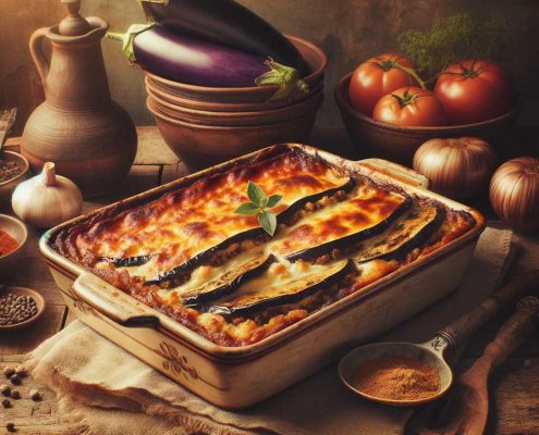 A traditional Greek moussaka in a rustic kitchen setting. The moussaka is in a ceramic baking dish, showing layers of grilled eggplant, minced meat, a copy