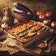 A traditional Greek moussaka in a rustic kitchen setting. The moussaka is in a ceramic baking dish, showing layers of grilled eggplant, minced meat, a copy