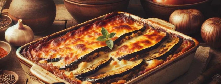 A traditional Greek moussaka in a rustic kitchen setting. The moussaka is in a ceramic baking dish, showing layers of grilled eggplant, minced meat, a copy