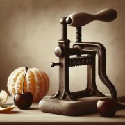 A minimalistic sepia-toned kitchen scene_ a wooden counter top with a few cherries, some already destoned, beside a simple, antique hand-operated cher copy