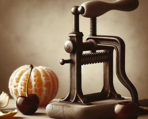 A minimalistic sepia-toned kitchen scene_ a wooden counter top with a few cherries, some already destoned, beside a simple, antique hand-operated cher copy