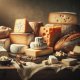 A sepia-toned still life photograph of various cheeses such as feta, cheddar, parmesan, arranged aesthetically on a rustic wooden table beside a loaf copy