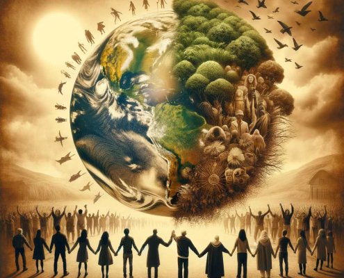 A conceptual sepia-toned image that embodies the theme of 'togetherness' in a world facing environmental, social, and political challenges. The image copy