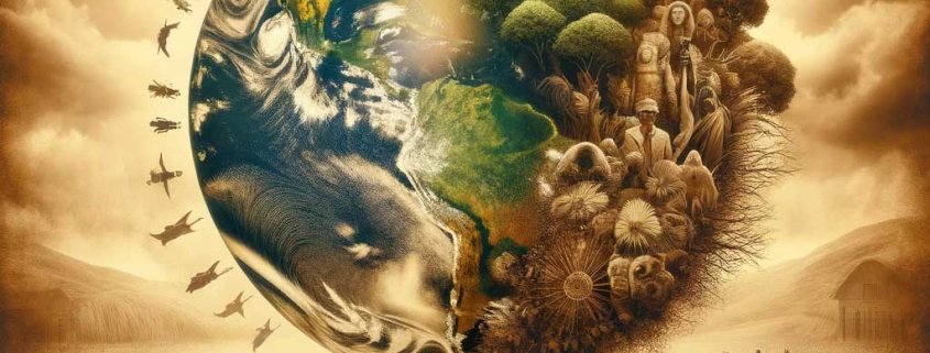 A conceptual sepia-toned image that embodies the theme of 'togetherness' in a world facing environmental, social, and political challenges. The image copy