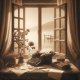 A serene, high-contrast sepia-toned image capturing a sense of peace and nostalgia. In the center, a vintage typewriter sits atop an old wooden desk s copy