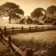 A tranquil countryside scene in sepia tones, featuring an expansive wheat field under a clear sky. In the foreground, a rustic wooden fence lines the copy