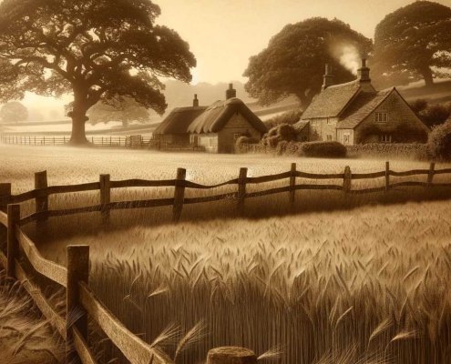 A tranquil countryside scene in sepia tones, featuring an expansive wheat field under a clear sky. In the foreground, a rustic wooden fence lines the copy