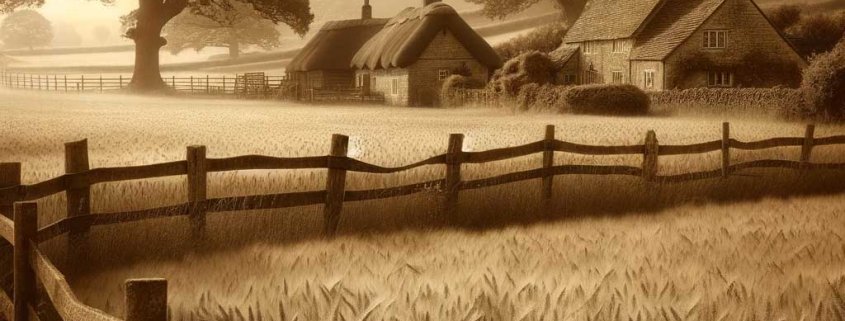 A tranquil countryside scene in sepia tones, featuring an expansive wheat field under a clear sky. In the foreground, a rustic wooden fence lines the copy