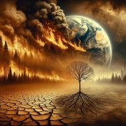 A striking sepia-toned image that visually narrates the severity of climate change. The scene includes a cracked earth foreground, representing drough copy