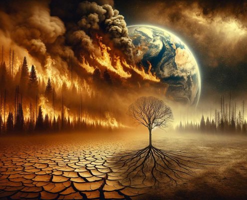 A striking sepia-toned image that visually narrates the severity of climate change. The scene includes a cracked earth foreground, representing drough copy
