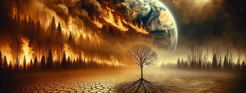 A striking sepia-toned image that visually narrates the severity of climate change. The scene includes a cracked earth foreground, representing drough copy