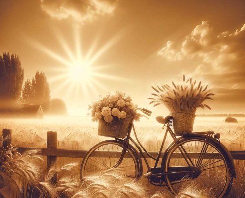A warmly lit sepia-toned image that exudes happiness. The scene includes a quaint countryside setting during the golden hour, with a soft sun casting copy