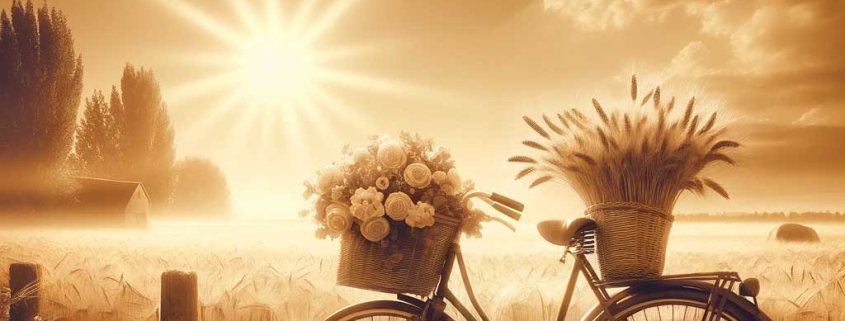 A warmly lit sepia-toned image that exudes happiness. The scene includes a quaint countryside setting during the golden hour, with a soft sun casting copy
