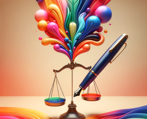 The image features a vibrant, multicolored fountain pen, symbolizing the creative writer
