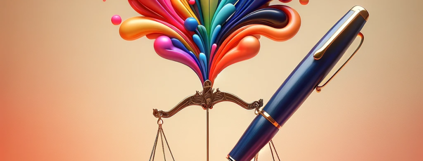 The image features a vibrant, multicolored fountain pen, symbolizing the creative writer